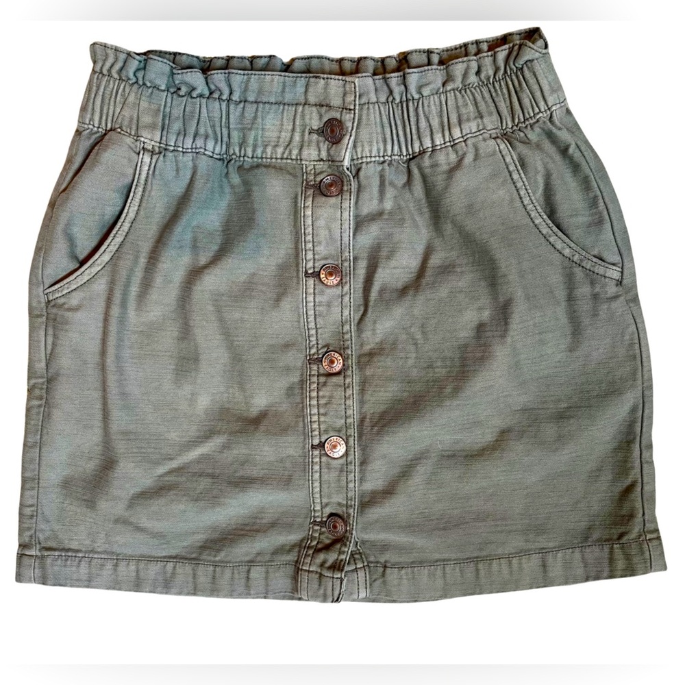 American Eagle Army Green Cotton Button Front Paper Bag Elastic Waist Mini Skirt